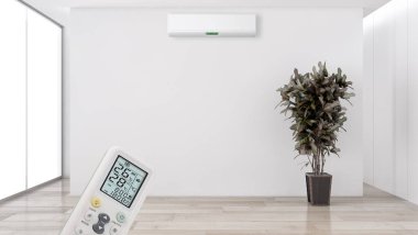 Klima ve uzaktan kumanda 3d render çizim ile modern iç daire