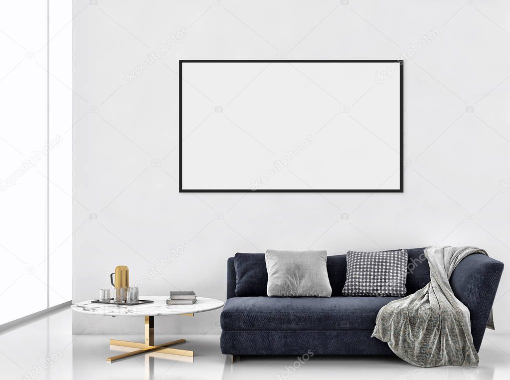 large luxury modern bright interiors apartment with mock up poster frame illustration 3D rendering computer generated image