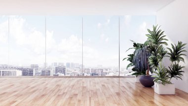 büyük lüks modern parlak iç daire salon kanepe ve windows 3d render illüstrasyon bilgisayar görüntü oluşturulan