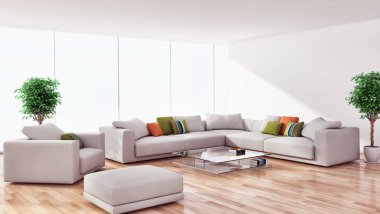 büyük lüks modern parlak iç daire salon kanepe ve windows 3d render illüstrasyon bilgisayar görüntü oluşturulan