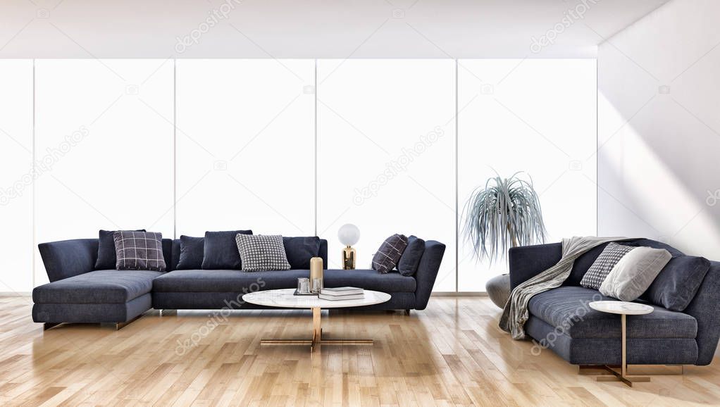large luxury modern bright interiors apartment Living room with sofa and windows 3D rendering illustration computer generated image