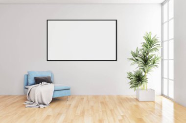 Sahte poster çerçeve resimde 3d render oluşturulan bilgisayar görüntü ile modern aydınlık iç mekanlar