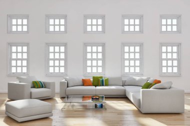 büyük lüks modern parlak iç oturma odası 3d işleme bilgisayar dijital görüntü illüstrasyon