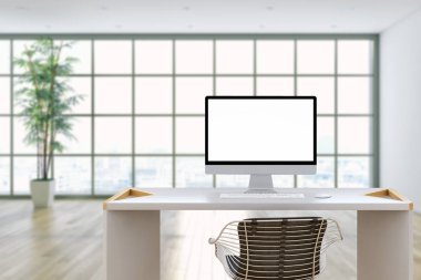 İşyeri mockup kavramı. Modern ev dekorasyonu masaüstü bilgisayar sanatçı workspace ürün görüntü montajı için kopya alanı ile alay. Mockup Masaüstü.