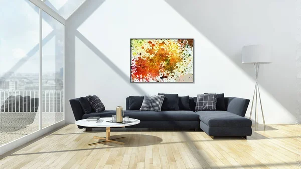 Grote Luxe Moderne Lichte Interieur Met Mock Poster Frame Rendering — Stockfoto