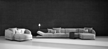 Siyah ve beyaz büyük lüks modern parlak iç oturma odası 3d işleme bilgisayar dijital görüntü illüstrasyon