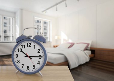 resimde 3d analog alarm saat büyük lüks modern parlak, günün saati, yan masada iç oda işleme bilgisayar oluşturulan görüntü değil fotoğraf ve değil özel mülkiyet