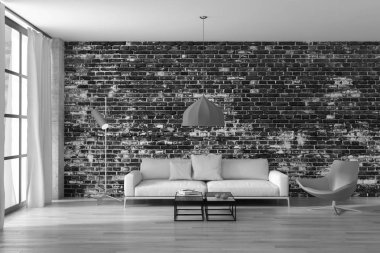 Siyah ve beyaz büyük lüks modern parlak iç oturma odası 3d işleme bilgisayar dijital görüntü illüstrasyon