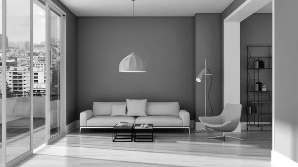 Schwarz Weiß Großer Luxus Moderne Helle Innenräume Wohnzimmer Illustration Rendering — Stockfoto