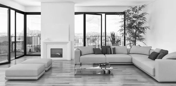 Schwarz Weiß Großer Luxus Moderne Helle Innenräume Wohnzimmer Illustration Rendering — Stockfoto