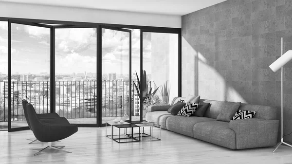 Black White Large Luxury Modern Bright Interiors Living Room Illustration — Stock Photo, Image