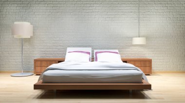 Modern, parlak yatak odası içerisi 3D resimleme bilgisayarı oluşturulmuş resim