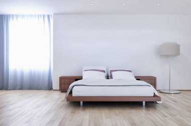 Modern, parlak yatak odası içerisi 3D resimleme bilgisayarı oluşturulmuş resim