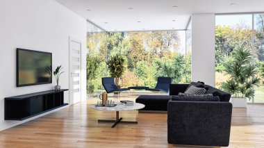 görüntü değil fotoğraf ve değil özel mülkiyet büyük lüks modern parlak iç Oda bitkiler illüstrasyon 3d işleme bilgisayar ile oluşturulan