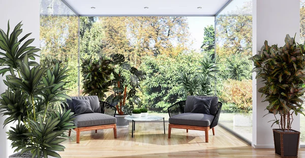 Gran Lujo Moderno Interiores Luminosos Sala Con Plantas Ilustración Renderizado — Foto de Stock