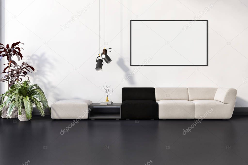 large luxury modern bright interiors with mock up poster frame illustration 3D rendering computer generated image not photos and not private property