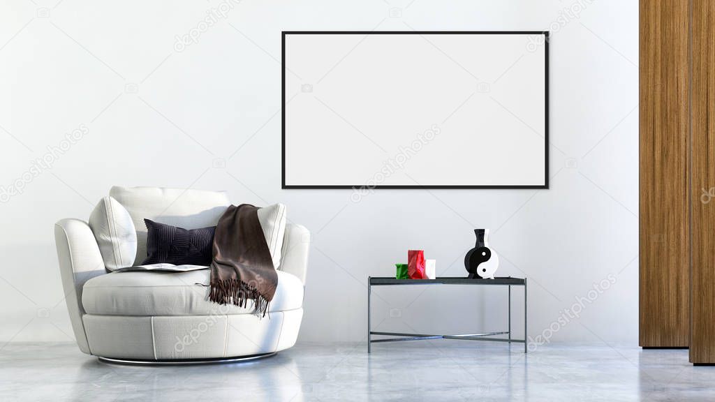 large luxury modern bright interiors with mock up poster frame illustration 3D rendering computer generated image not photos and not private property
