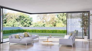 büyük lüks modern parlak iç oturma odası 3d işleme bilgisayar dijital görüntü illüstrasyon