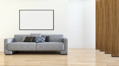Sahte poster çerçeve resimde 3d render oluşturulan bilgisayar görüntü ile modern aydınlık iç mekanlar