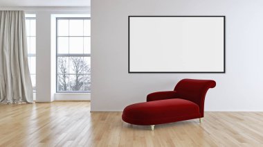 Sahte poster çerçeve resimde 3d render oluşturulan bilgisayar görüntü ile modern aydınlık iç mekanlar