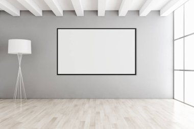 Sahte poster çerçeve resimde 3d render oluşturulan bilgisayar görüntü ile modern aydınlık iç mekanlar