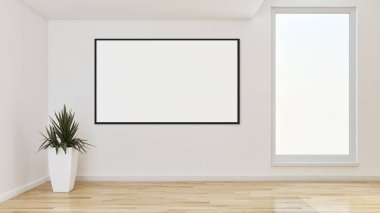 Sahte poster çerçeve resimde 3d render oluşturulan bilgisayar görüntü ile modern aydınlık iç mekanlar