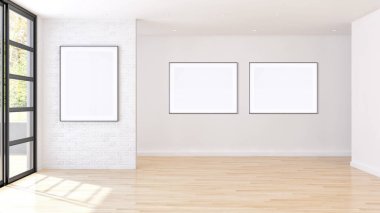 Sahte poster çerçeve resimde 3d render oluşturulan bilgisayar görüntü ile modern aydınlık iç mekanlar