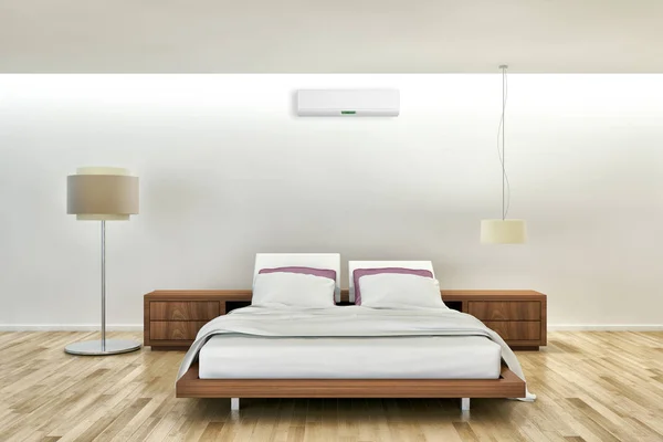 Cameră modernă cu pat luminos cu aer condiționat interioare 3D ilustrație de redare — Fotografie, imagine de stoc