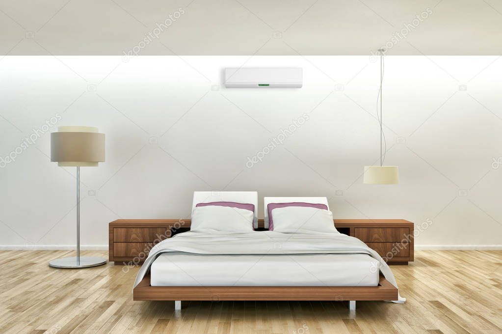 Modern bright bed room with air conditioning interiors 3D rendering illustration
