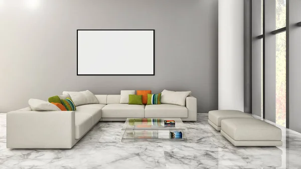 Modernos interiores luminosos com imagem de quadro de cartaz mock up 3D renderização imagem gerada por computador — Fotografia de Stock