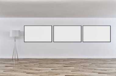 Sahte poster çerçeve resimde 3d render oluşturulan bilgisayar görüntü ile modern aydınlık iç mekanlar