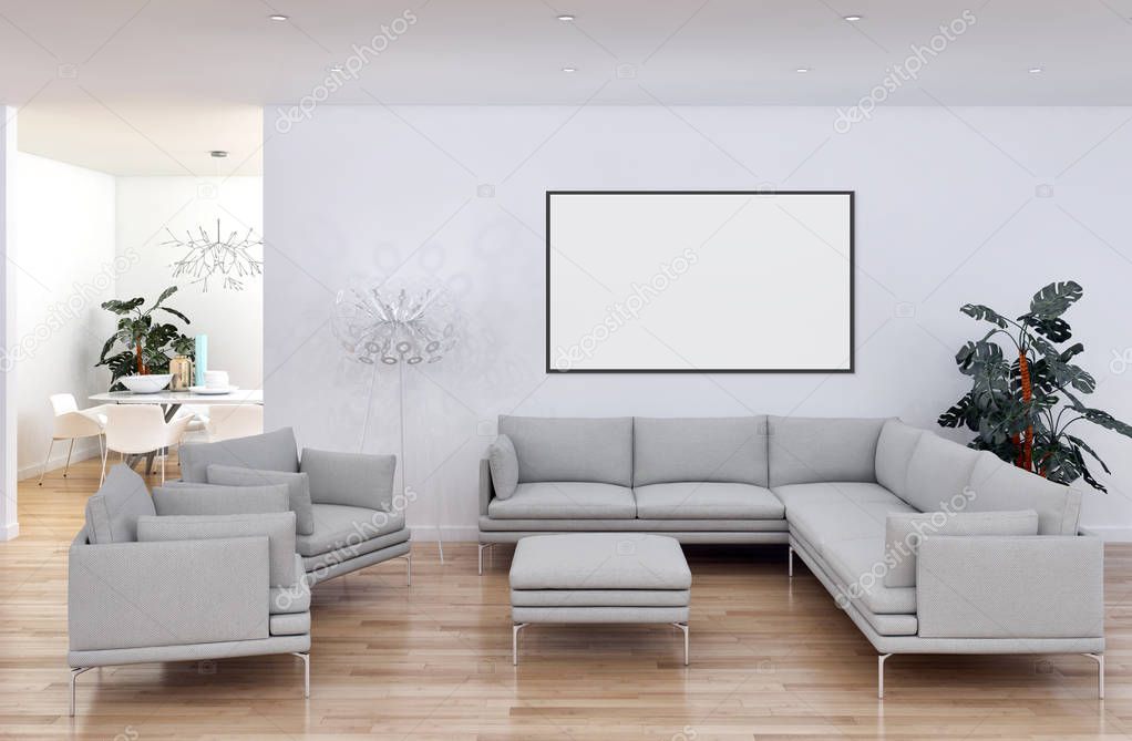 Modern bright interiors with mock up poster frame illustration 3D rendering computer generated image