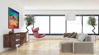 büyük lüks modern parlak iç Oda illüstrasyon 3d render