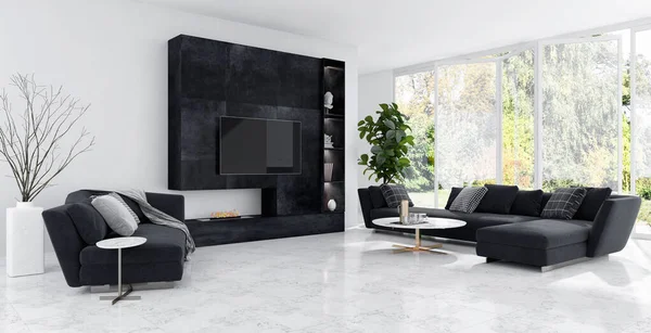Large luxury modern bright interiors Living room illustration 3D — Stock Photo, Image
