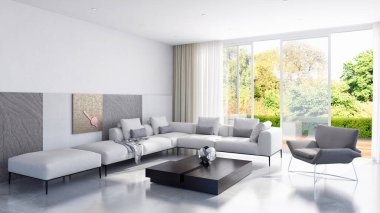 büyük lüks modern parlak iç oturma odası illüstrasyon 3d