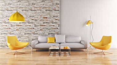 büyük lüks modern parlak iç oturma odası illüstrasyon 3d