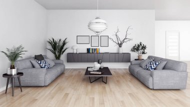 büyük lüks modern parlak iç oturma odası illüstrasyon 3d