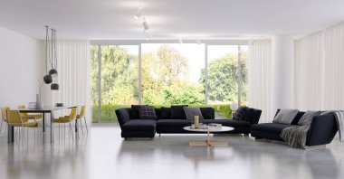 büyük lüks modern parlak iç oturma odası illüstrasyon 3d