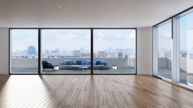 Beyaz, boş bir İskandinav odası iç tasviri 3D