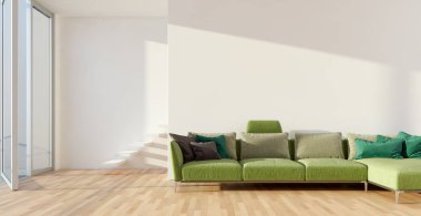 Büyük lüks, modern, parlak iç mekanlar. Oturma odası tasviri. 3D görüntüleme.