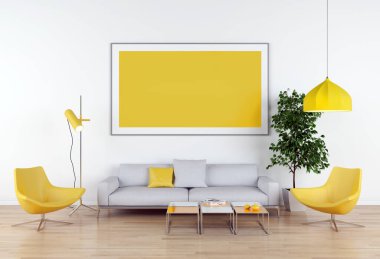 Büyük lüks, modern, parlak iç mekanlar. Oturma odası tasviri. 3D görüntüleme.