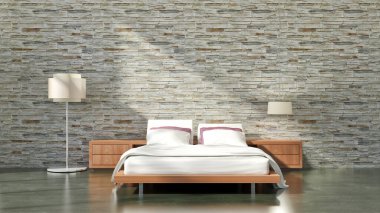 Modern, parlak yatak odası içerisi 3D resimleme bilgisayarı oluşturulmuş resim