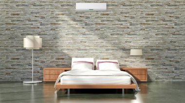 3D klimalı, modern, parlak yatak odası iç mekanları. Görüntü oluşturan bilgisayar tasarımı.
