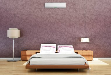 3D klimalı, modern, parlak yatak odası iç mekanları. Görüntü oluşturan bilgisayar tasarımı.