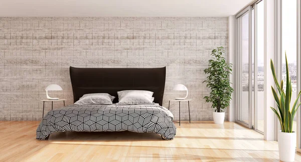 Moderna Cama Brilhante Quarto Interiores Renderização Ilustração Computador Gerado Imagem — Fotografia de Stock