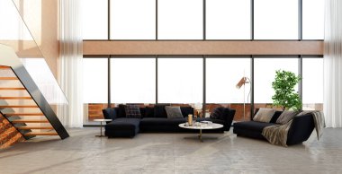 Büyük lüks, modern, parlak iç mekanlar. Oturma odası tasviri. 3D görüntüleme.