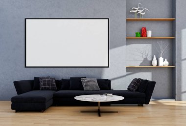 Büyük lüks, modern, parlak iç mekanlar. Oturma odası tasviri. 3D görüntüleme.
