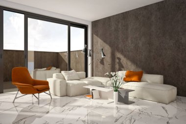 Büyük lüks, modern, parlak iç mekanlar. Oturma odası tasviri. 3D görüntüleme.