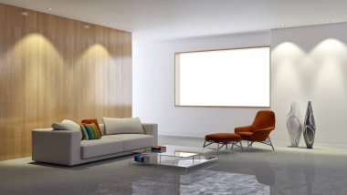 Büyük lüks, modern, parlak iç mekanlar. Oturma odası tasviri. 3D görüntüleme.