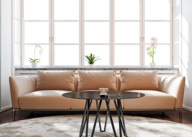 Büyük lüks, modern, parlak iç mekanlar. Oturma odası tasviri. 3D görüntüleme.